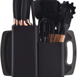 Kitchen Utensils Set & Knife Set With Block, 19 Piece All-in-One Cooking Set, 12 Nonstick Silicone Utensils + 5 Sharp Stainless Steel Chef Knives + Cutting Board, Dishwasher Safe Gift Set