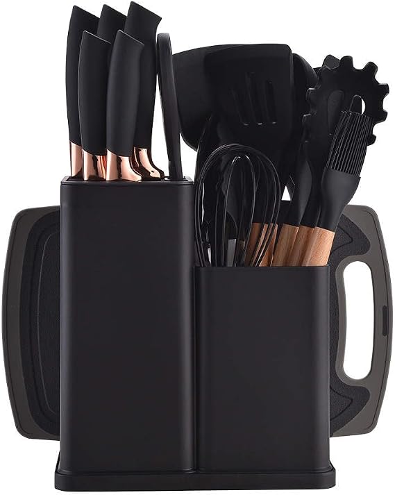 Kitchen Utensils Set & Knife Set With Block, 19 Piece All-in-One Cooking Set, 12 Nonstick Silicone Utensils + 5 Sharp Stainless Steel Chef Knives + Cutting Board, Dishwasher Safe Gift Set