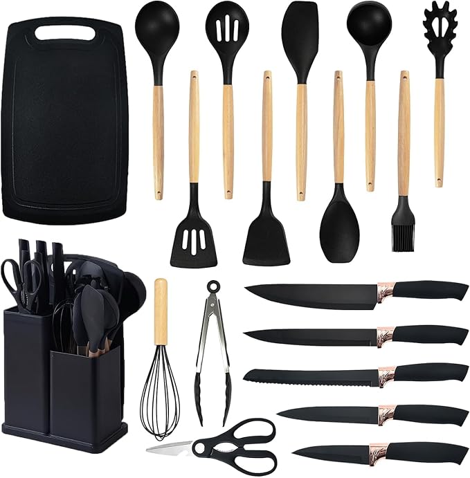 Kitchen Utensils Set & Knife Set With Block, 19 Piece All-in-One Cooking Set, 12 Nonstick Silicone Utensils + 5 Sharp Stainless Steel Chef Knives + Cutting Board, Dishwasher Safe Gift Set - Image 3