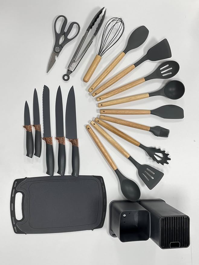 Kitchen Utensils Set & Knife Set With Block, 19 Piece All-in-One Cooking Set, 12 Nonstick Silicone Utensils + 5 Sharp Stainless Steel Chef Knives + Cutting Board, Dishwasher Safe Gift Set - Image 2